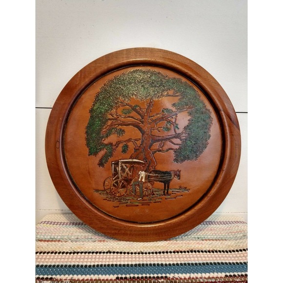 Vintage Tooled Leather Wall Hanging Picture Round Wood Handmade cottage hippie - Picture 1 of 10